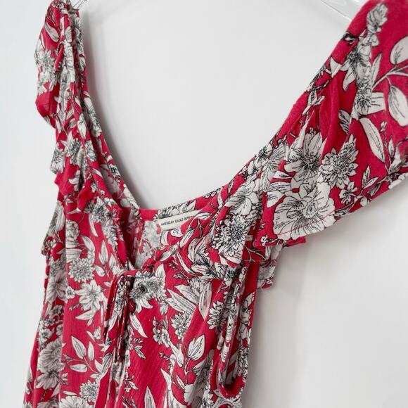 American Eagle Red Ruffle Hawaiian Lace Up Low Back Floral Sundress Small V Neck - Picture 7 of 9
